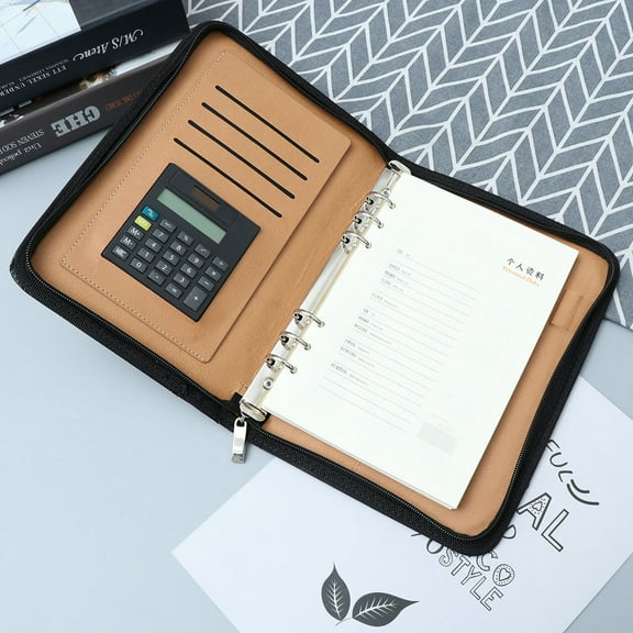 OUNONA PU Leather Cover A5 Zipper Notebook LooseLeaf Business Notepad With Calculator (Black)