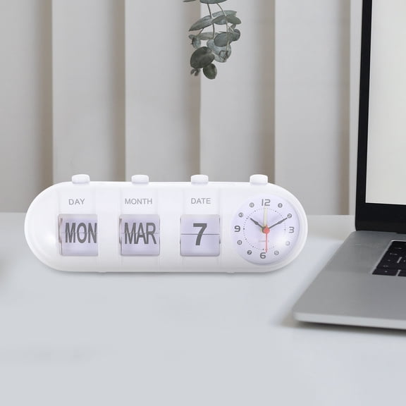 OUNONA Perpetual Desk Calendar Clock White Plastic with Easy Date and Month Display