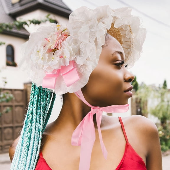 OUNONA Pink Rattan Sun Hat Victorian Tea Party Bonnet with Wide Brim and Floral Details