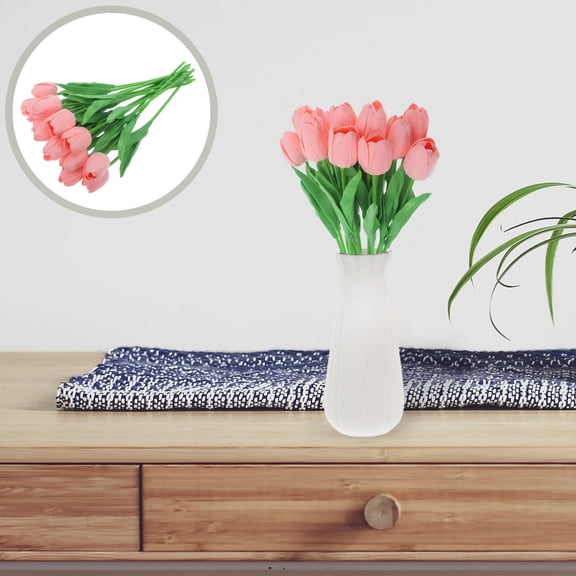 OUNONA Real Touch Artificial Tulip Bouquet for Decoration 15 Pcs Pink PU Flowers with Iron Wire