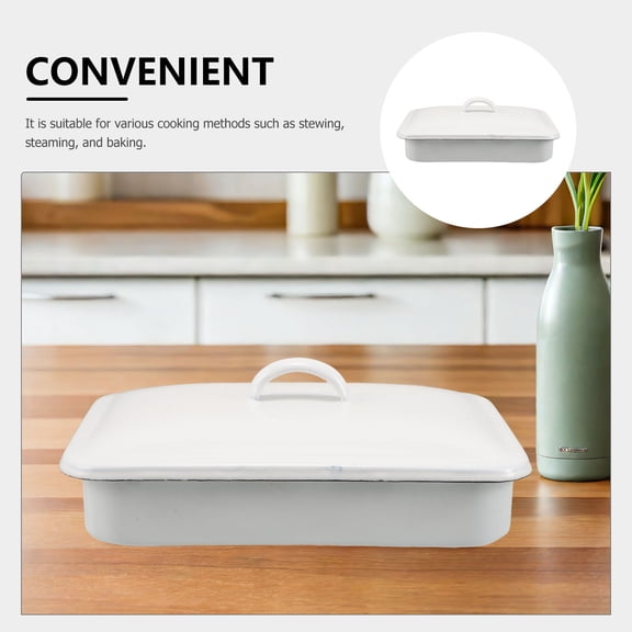 OUNONA Rectangular White Enamel Roasting Pan with Lid Even Heat Distribution for Healthy Cooking