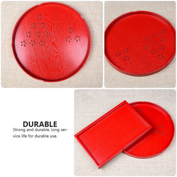 OUNONA Red Plastic Wedding Tea Set Tray with Hollow Flower Pattern Tableware for Everyday Use