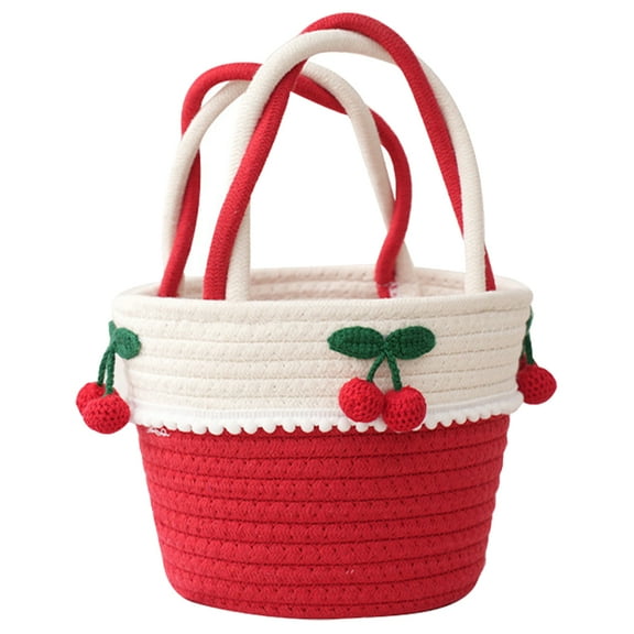 OUNONA Handheld Red Cotton Rope Basket - Elegant Woven Organizer for Home Storage
