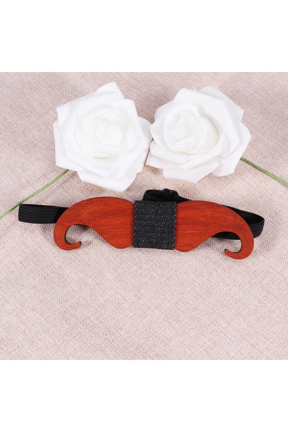 Wooden Bow Tie for Men with Beard Pattern Adjustable Elastic Band One Size Fits All Red Color