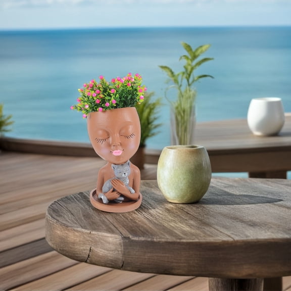 OUNONA Resin Girl Face Flower Pot with Cat Design, Planter with Drainage Hole and Tray, Cute Decorative Garden Plant Pot