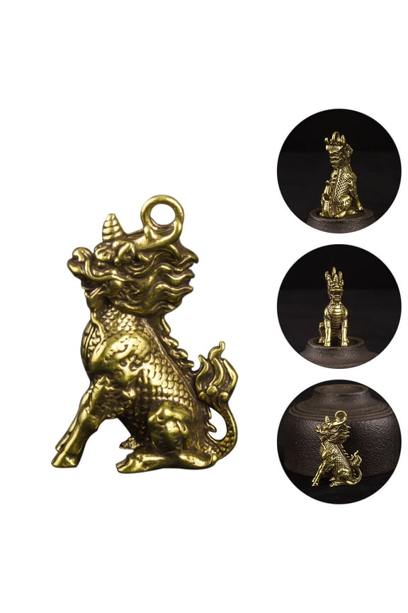 Retro Brass Kylin Pendant for Decor Golden Color Small Desktop Ornament 1Pc