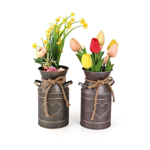 OUNONA Vintage Style Galvanized Iron Flower Pot Bucket for Outdoor Planting, Garden Planter 1 Set