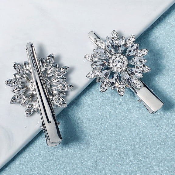 OUNONA Rhinestone Hair Clip with Crystal Flowers for Women 2Pcs Silver Alloy Lightweight Durable 0.5 Inch