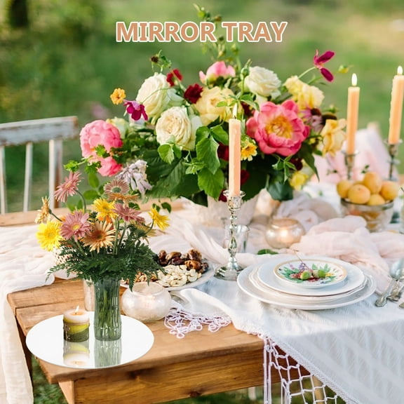 OUNONA Elegant Acrylic Circle Mirror Tray for Party Table Decorations White Small Round Vanity Jewelry Candle Display 6.3 inches