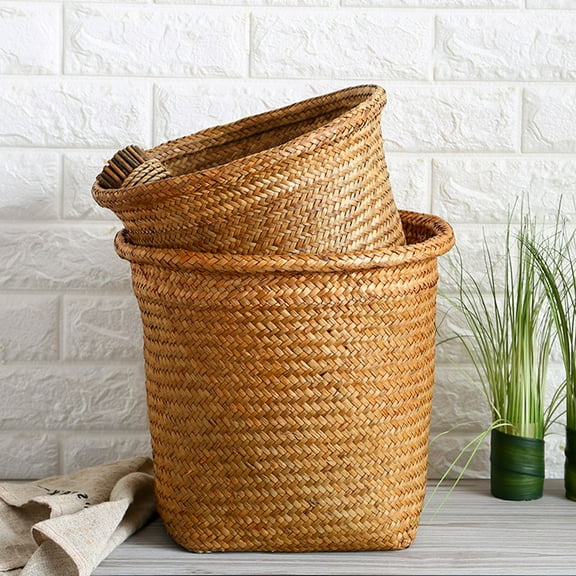 OUNONA Round Storage Bin Straw Woven Household Items Multi-functional Storage 1Set