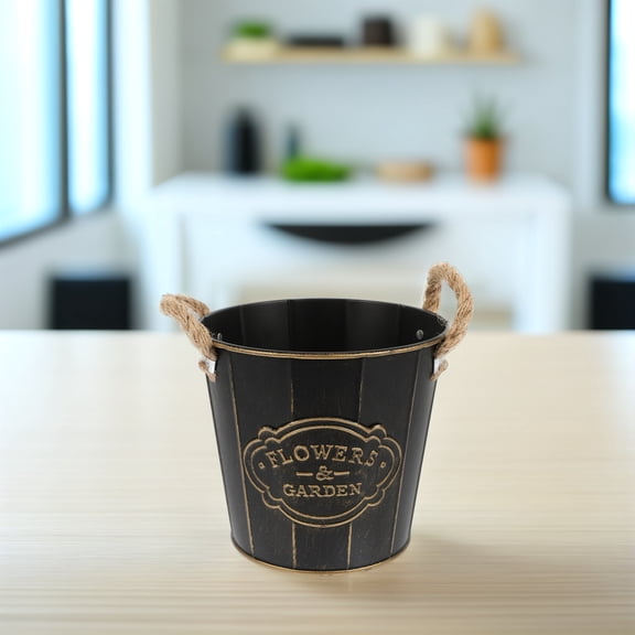 OUNONA Rustic Black Metal Flower Bucket Decorative Iron Plant Pot for Table Centerpiece and Storage