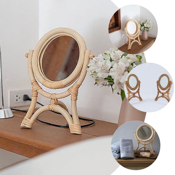OUNONA Rustic Rattan Desktop Mirror with Adjustable Angle for Bedroom Makeup and Home Use