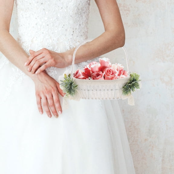 OUNONA Rustic White Handwoven Flower Basket with Handle for Wedding and Home Storage