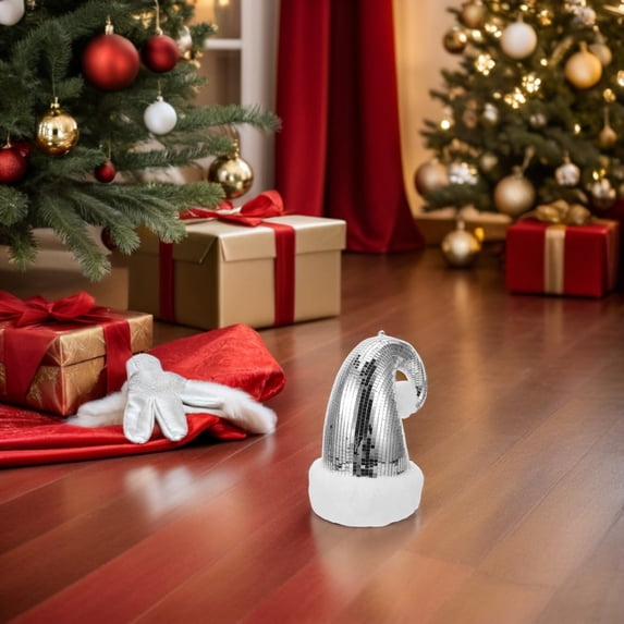 OUNONA Silver Reflective Santa Hat Ornament with Disco Ball Mirror Tiles for Holiday Tree Decor