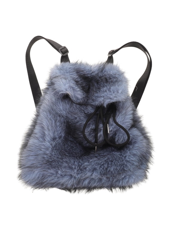 Soft Fluffy Blue Backpack with Flap Cover and Drawstring for Stylish Daily Wear