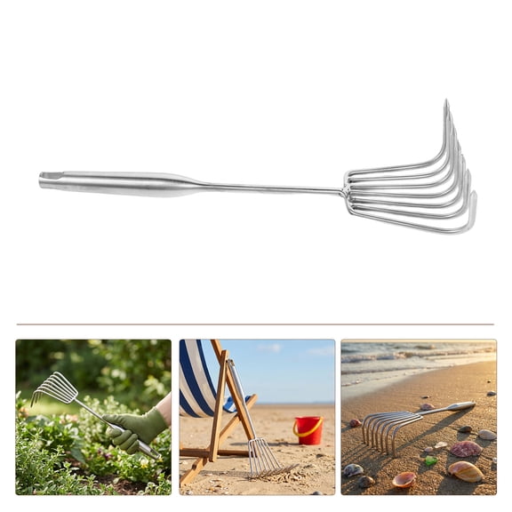 OUNONA Stainless Steel Beach Rake with 7 Prong Claw for Sand Sifting and Shell Collecting Plated Silver
