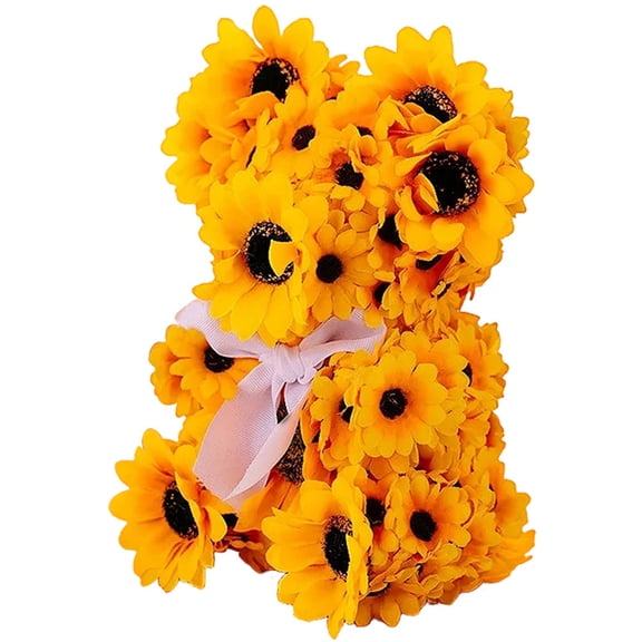 OUNONA Cute Sunflower Bear Figurine with Artificial Flowers, Decorative Ornament for Home, Tabletop, Shelf, and Office Display