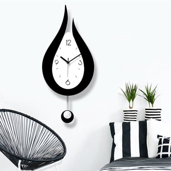 OUNONA Decorative Black Acrylic Wall Clock with Creative Water Drop Shape and Swinging Pendulum