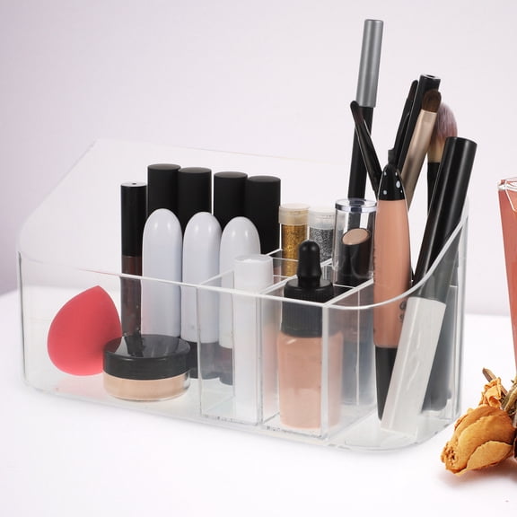 OUNONA Transparent Small Makeup Organizer Clear Plastic Cosmetics Tray for Bathroom and Dressing Table Storage
