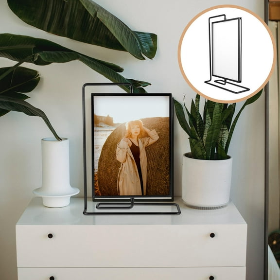 OUNONA Black Metal Rotating Photo Frame Double Sided Display Stand with Stable Wire for Home