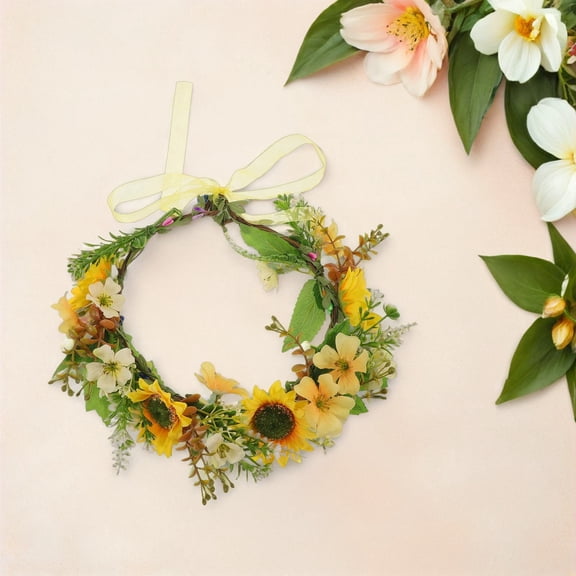 OUNONA Vibrant Yellow Sunflower Headband Green Leaf Floral Wreath for Wedding Photo Props