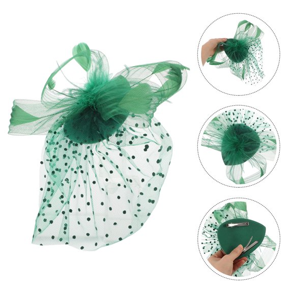 FOLOYORI Vintage Green Bridal Hairpin Tea Party Fascinator with Mesh Flowers Plume Accent and Veil