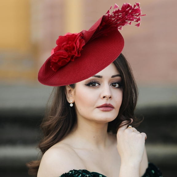 OUNONA Vintage Style Dark Red Fascinator Headband with Flowers and Plumes for Tea Parties
