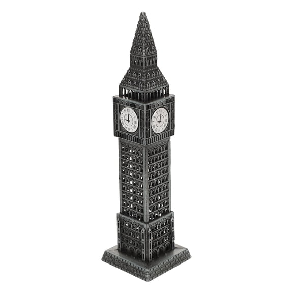 OUNONA Vintage Style Plated Silver Metal Clock Tower Decorative Ornament for Living Room Or Office