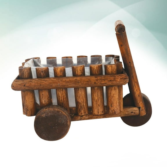 OUNONA Farmhouse Flower Pot Wooden Wheelbarrow Decor Brown Home Office 1Set