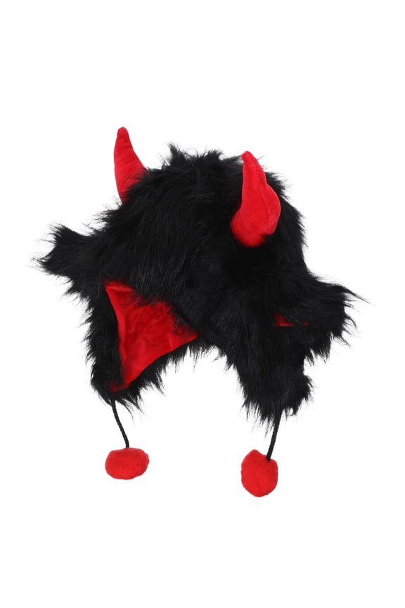 Black Fuzzy Cow Horn Hat with Ears, Cozy Winter Headwear for Skiing, Outdoor Activities, Parties, and Cold Weather