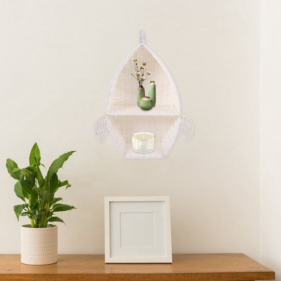 OUNONA White Woven Wall-Mounted Storage Basket with Paper Weave Design for Bathroom, Living Room, and Home Organization