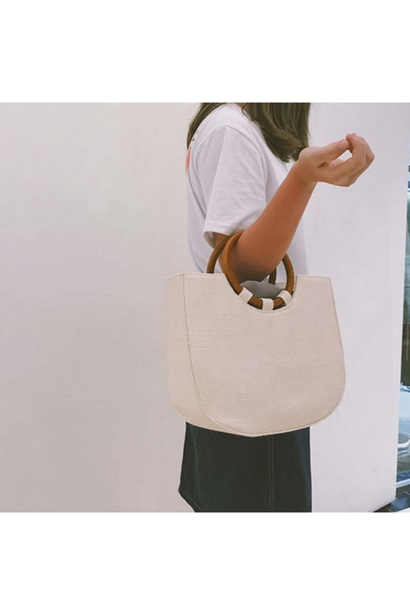 Women Straw Shoulder Bag Fashion Round Wooden Handle Handbag Brand Designer Summer Beach Tote Handbag (White)