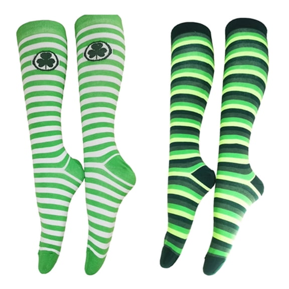 OUNONA Women's Saint Patrick's Day Socks, 2 Pairs Cotton Socks with Double and Four-Color Stripe Designs