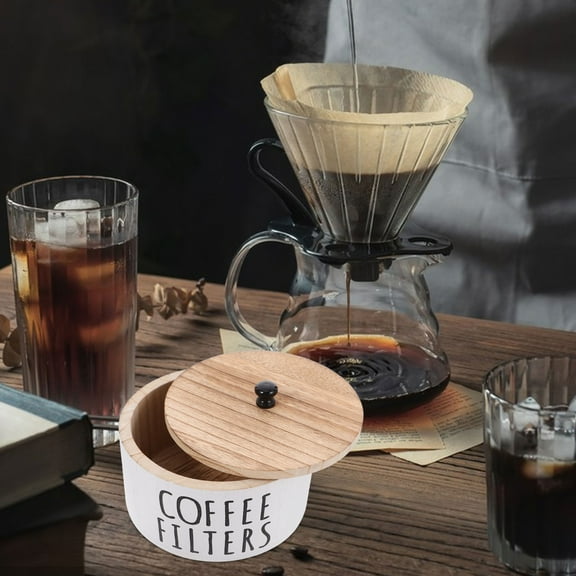OUNONA Wooden Coffee Filter Holder 1 Set Storage Container with Lid for Counter Rustic Farmhouse Dispenser Basket Coffee Bar Accessories