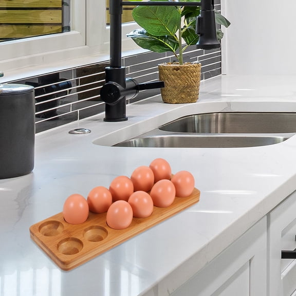OUNONA 12-Hole Wooden Tray with Yellow Holder, Kitchen Storage Rack and Space-Saving Organizer for Countertops