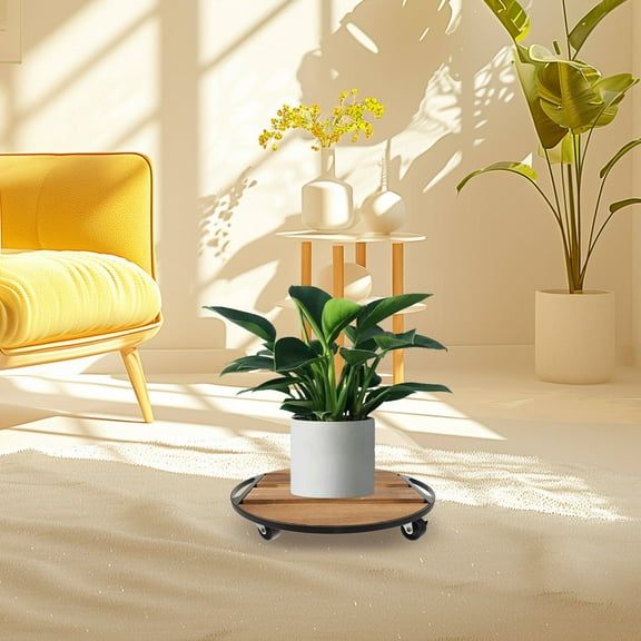 OUNONA Wooden Plant Stand with Wheels Round Plant Tray Flower Pot Rolling Plant Dolly Casters Movable Plant Holder Heavy Duty Plant Roller Base