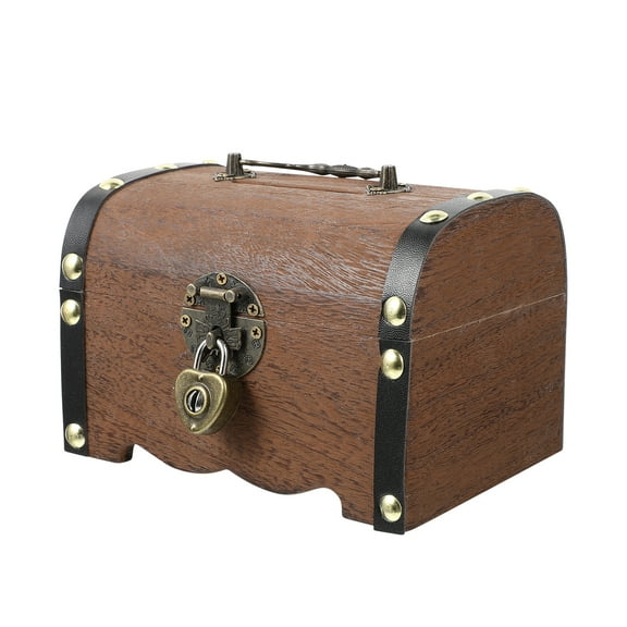 CATIEBYE Vintage Wood Storage Trunk with Lock Dark Brown Decorative Treasure Box for Home Storage