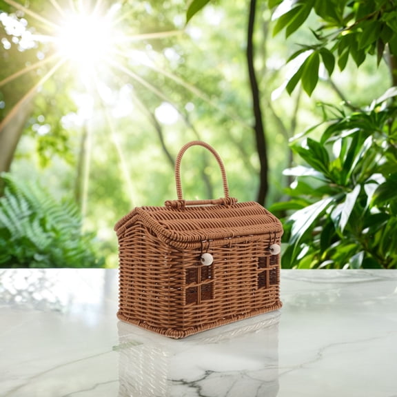 OUNONA Woven Basket With Lid Light Brown Rectangular Handwoven Basket For Home Decor 1Pcs