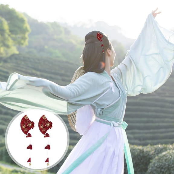 OUNONA 1Pair Japanese Style Red Fabric Hairpin Fans Shape Barrette for Party and Wedding