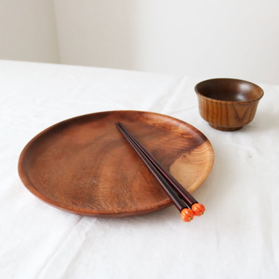 OUNONA Acacia Wood Round Fruit Holder Natural Wooden Dessert Plates for Thanksgiving and Everyday Use