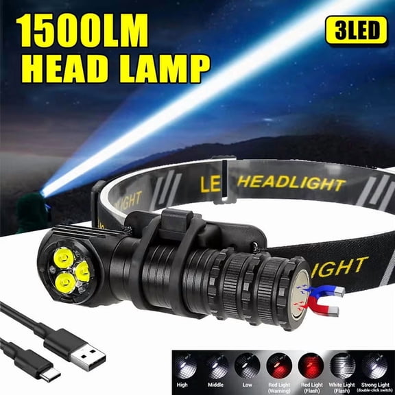 OUOYYO 1500 Lumens High Power Headlamp Rechargeable Camping Headlight Outdoor Emergency Warning Red Light Waterproof Work Flashlight