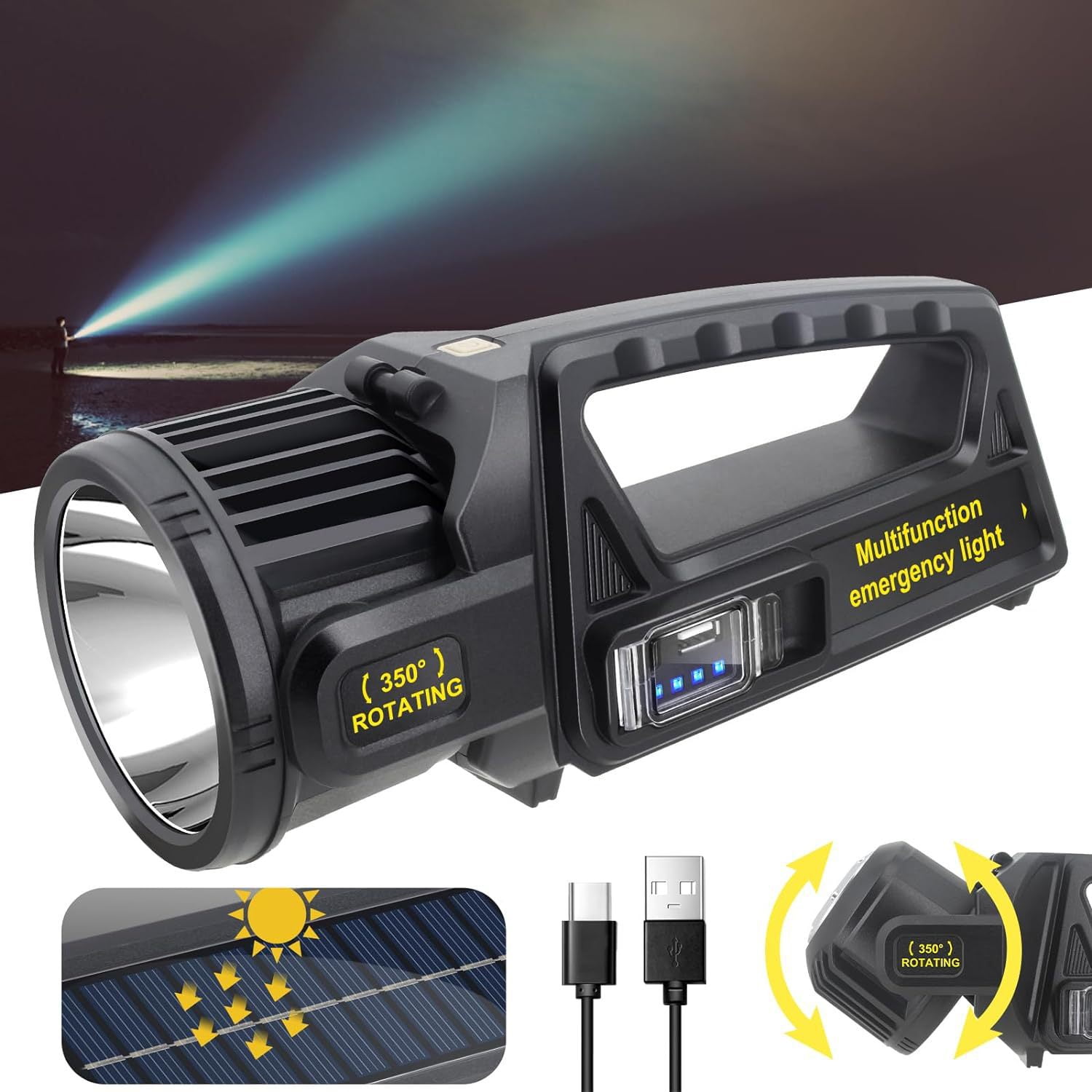 OUOYYO Rechargeable Bright Flashlight 350° Rotating Solar Charging Searchlight Outdoor Waterproof High Power Camping Lantern Portable Emergency Work Lights