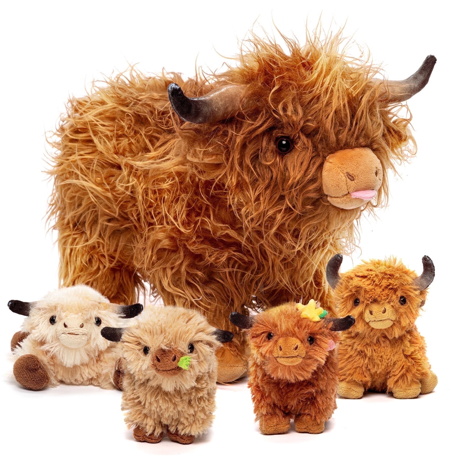 OUOZZZ 10.2" Highland Cow Stuffed Animal with 4 Babies inside, Cute Highland Cow Plush Toy Gift for Kids