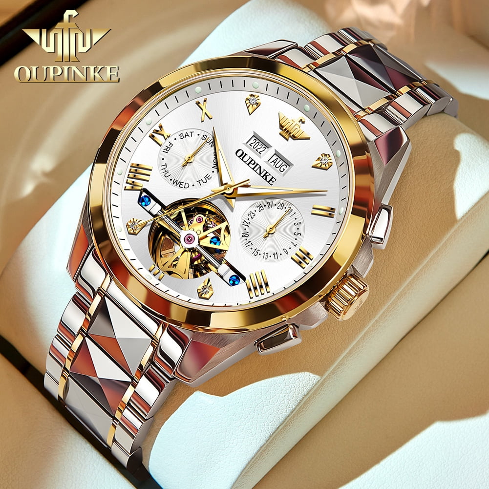 OUPINKE Gold Watches for Men, Automatic Diamond Skeleton Self Winding  Luxury Dress Mens Wristwatch Sapphire Crystal Tungsten Steel Band Luminous  Waterproof Reloj, Gifts for Men