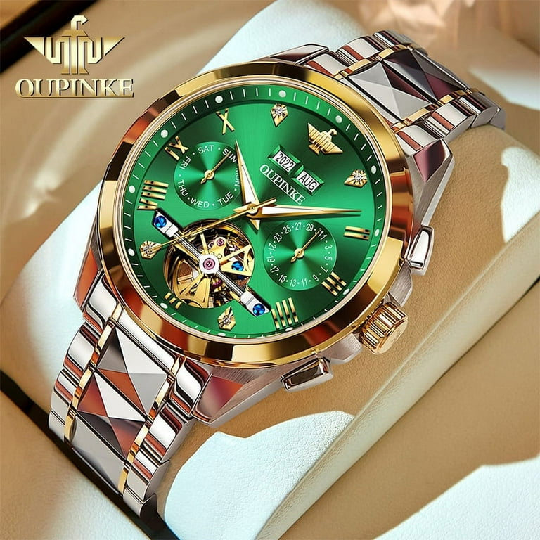 OUPINKE Gold Watches for Men, Automatic Diamond Skeleton Self Winding  Luxury Dress Mens Wristwatch Sapphire Crystal Tungsten Steel Band Luminous