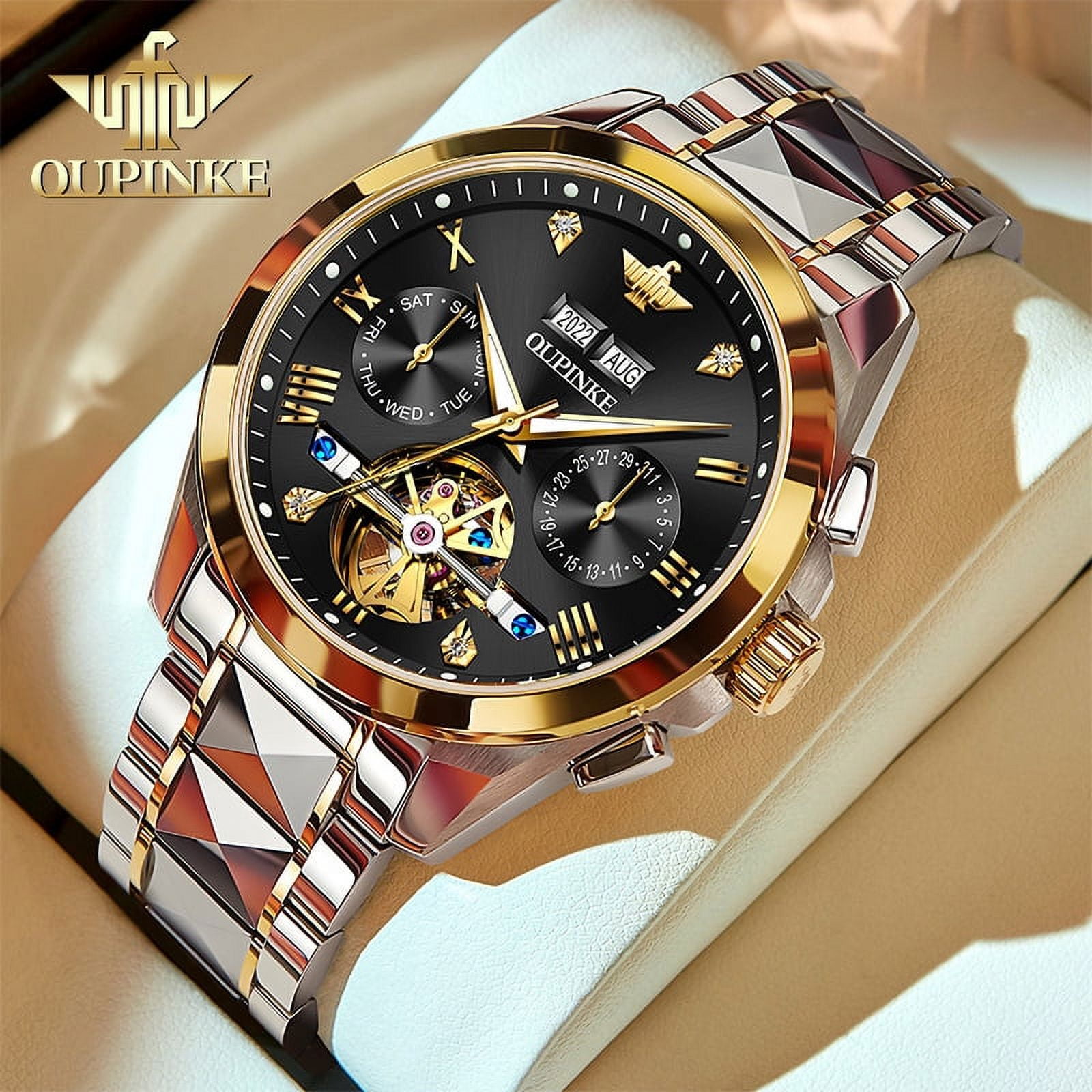 OUPINKE Gold Watches for Men, Automatic Diamond Skeleton Self Winding  Luxury Dress Mens Wristwatch Sapphire Crystal Tungsten Steel Band Luminous  Waterproof Reloj, Gifts for Men 