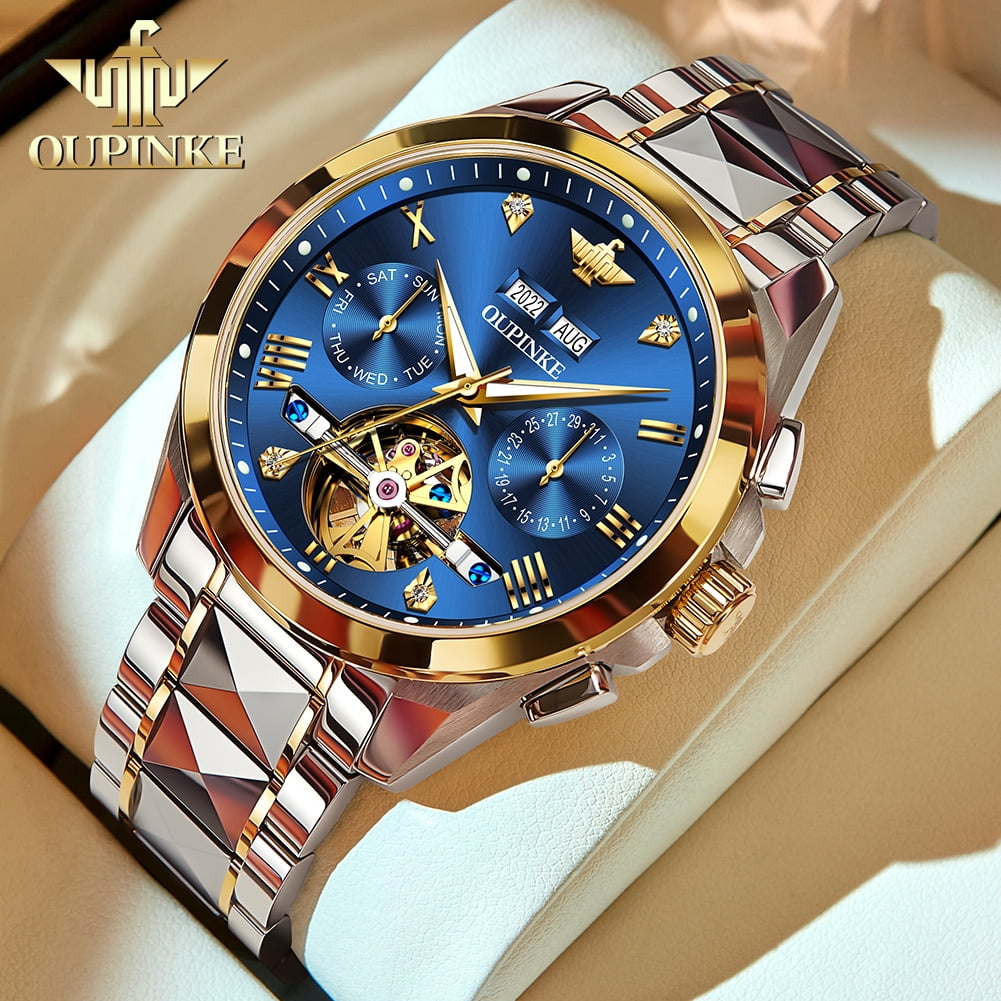OUPINKE Automatic Watches for Men Self Winding Diamond Skeleton Luxury  Dress Mens Watch Sapphire Crystal Tungsten Steel Band Luminous Waterproof  Reloj Para Hombre, Gifts for Men