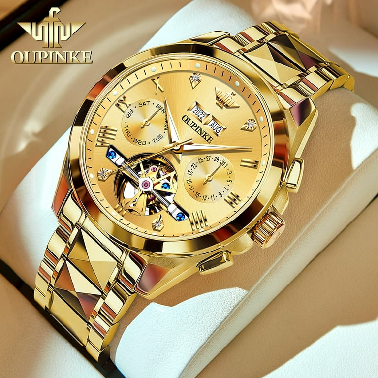 OUPINKE Gold Watches for Men, Automatic Diamond Skeleton Self Winding  Luxury Dress Mens Wristwatch Sapphire Crystal Tungsten Steel Band Luminous