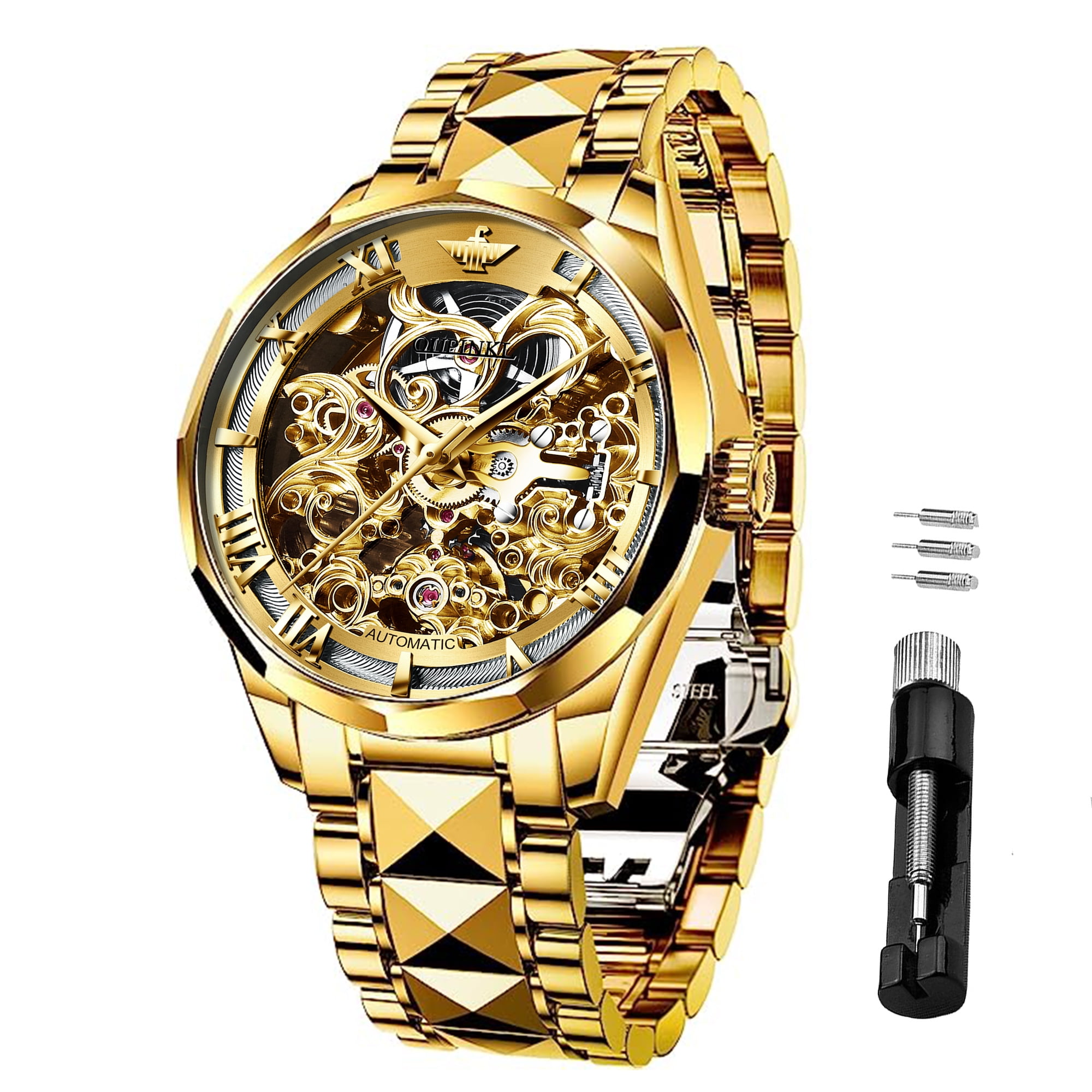 OUPINKE Gold Watches for Mens Automatic Mechanical Skeleton Watch Self ...