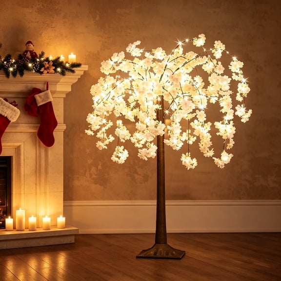 4FT Lighted LED Artificial Cherry Blossom Tree, Warm White Lights Pre-Lit Fake Flower Tree, Indoor Decor for Home Wedding Party Christmas Festival Decoration